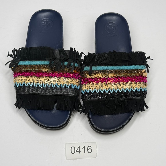 Tory Burch Isle Slide Sandals Embellished Fringe Black Leather Size 6.5M - Picture 2 of 6
